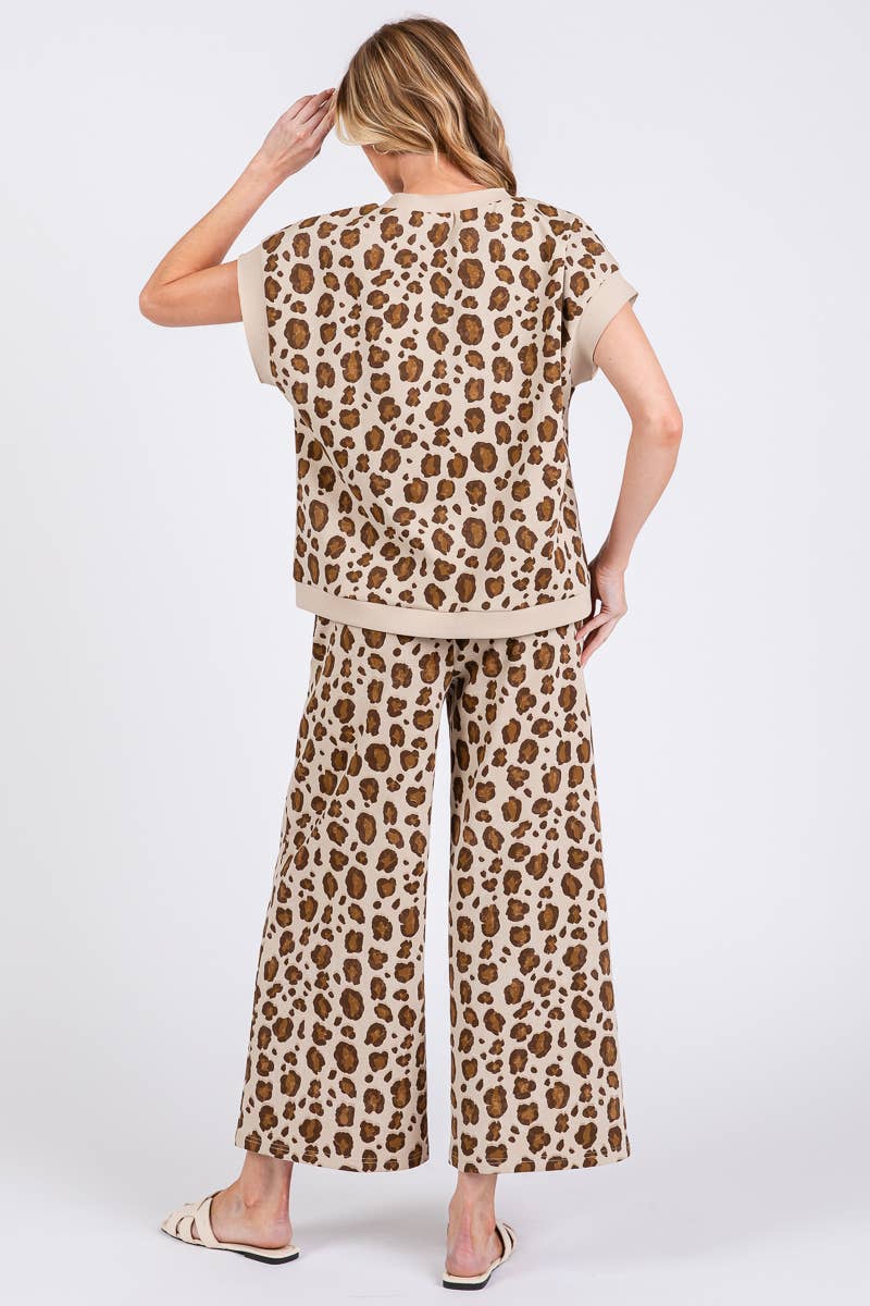 LEOPARD PRINT SCUBA TOP AND PANTS SETS: BROWN MULTI /