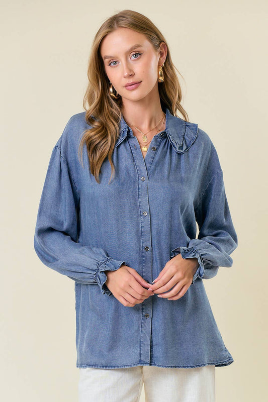 Oversized Button-Down Denim Blouse