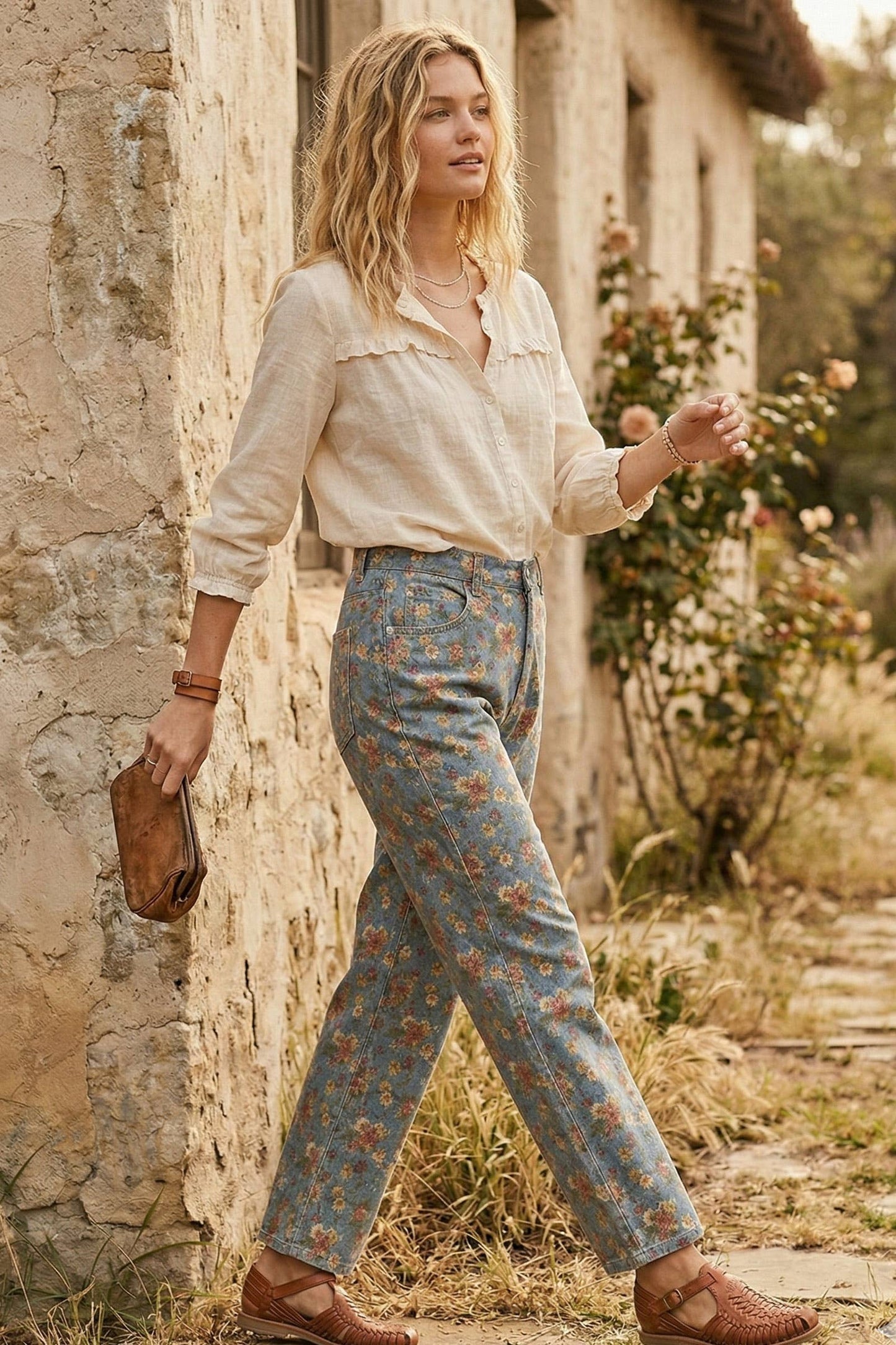 Mineral Washed Floral Denim Barrel Pants: DK DENIM