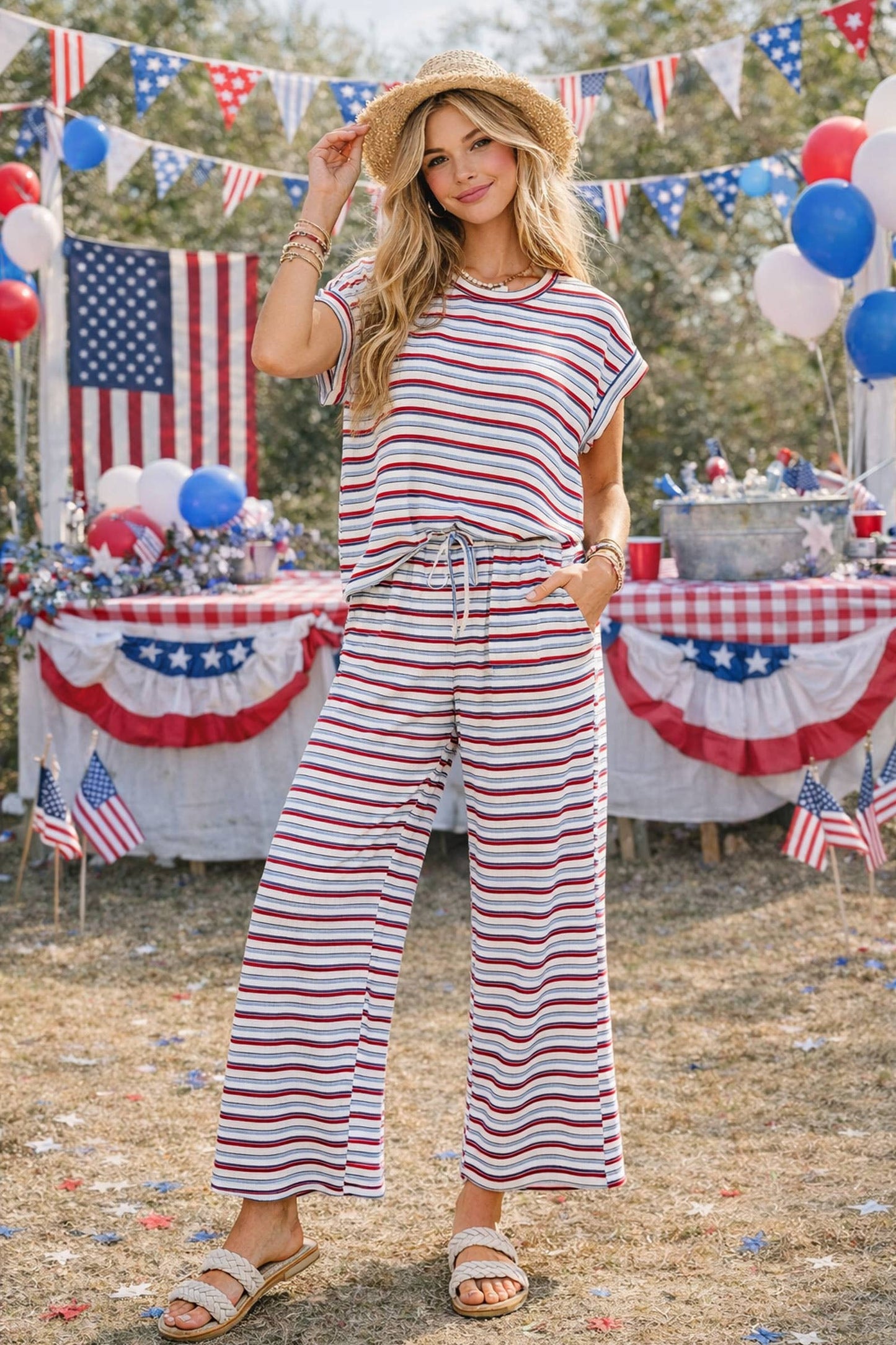 4th of July Americana Ribbed Striped Lounge Set: RED/BLUE/WHITE