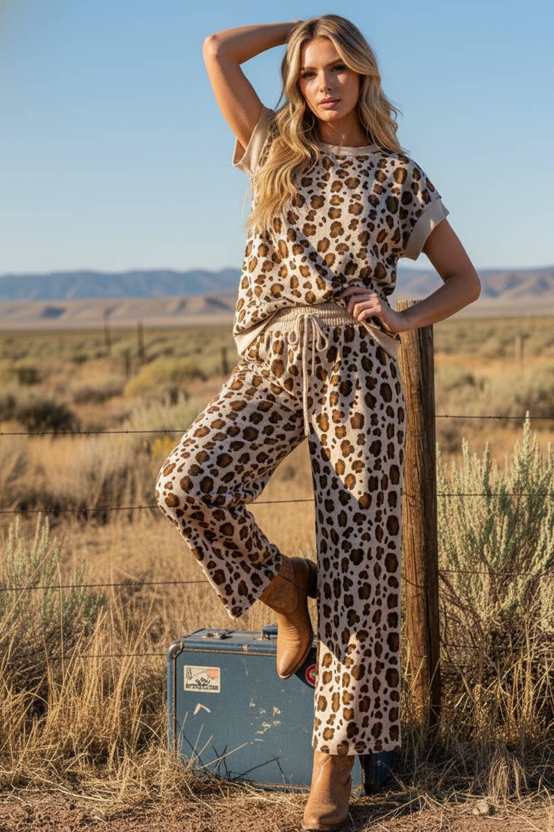 LEOPARD PRINT SCUBA TOP AND PANTS SETS: BROWN MULTI /