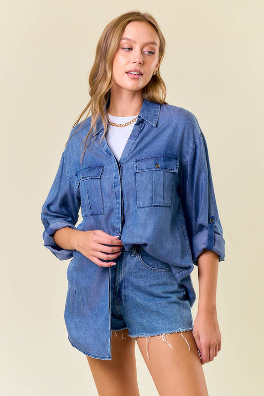 Denim Split V-Neck Lapel Collared Shirt - 44662T: DENIM / L