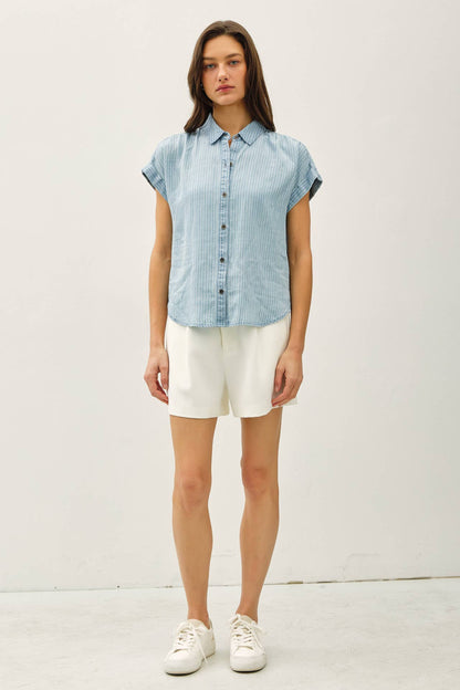 TENCEL BUTTON UP TOP W/ ROLLED SLEEVES : Stripe
