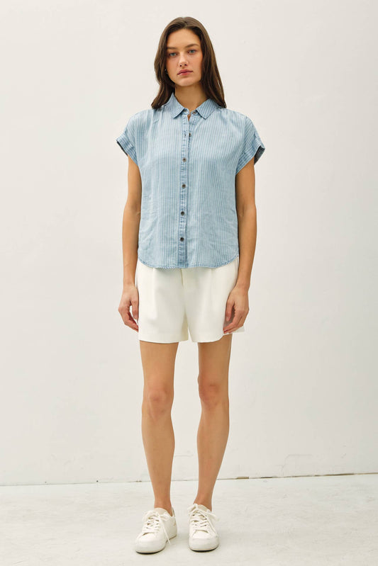 TENCEL BUTTON UP TOP W/ ROLLED SLEEVES : Stripe