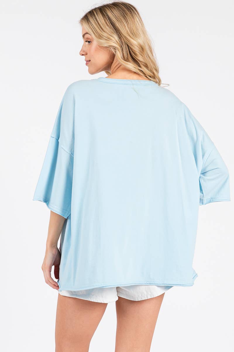 WASHED FLORAL PATCHWORK OVERSIZED TEE: DUSTY BLUE