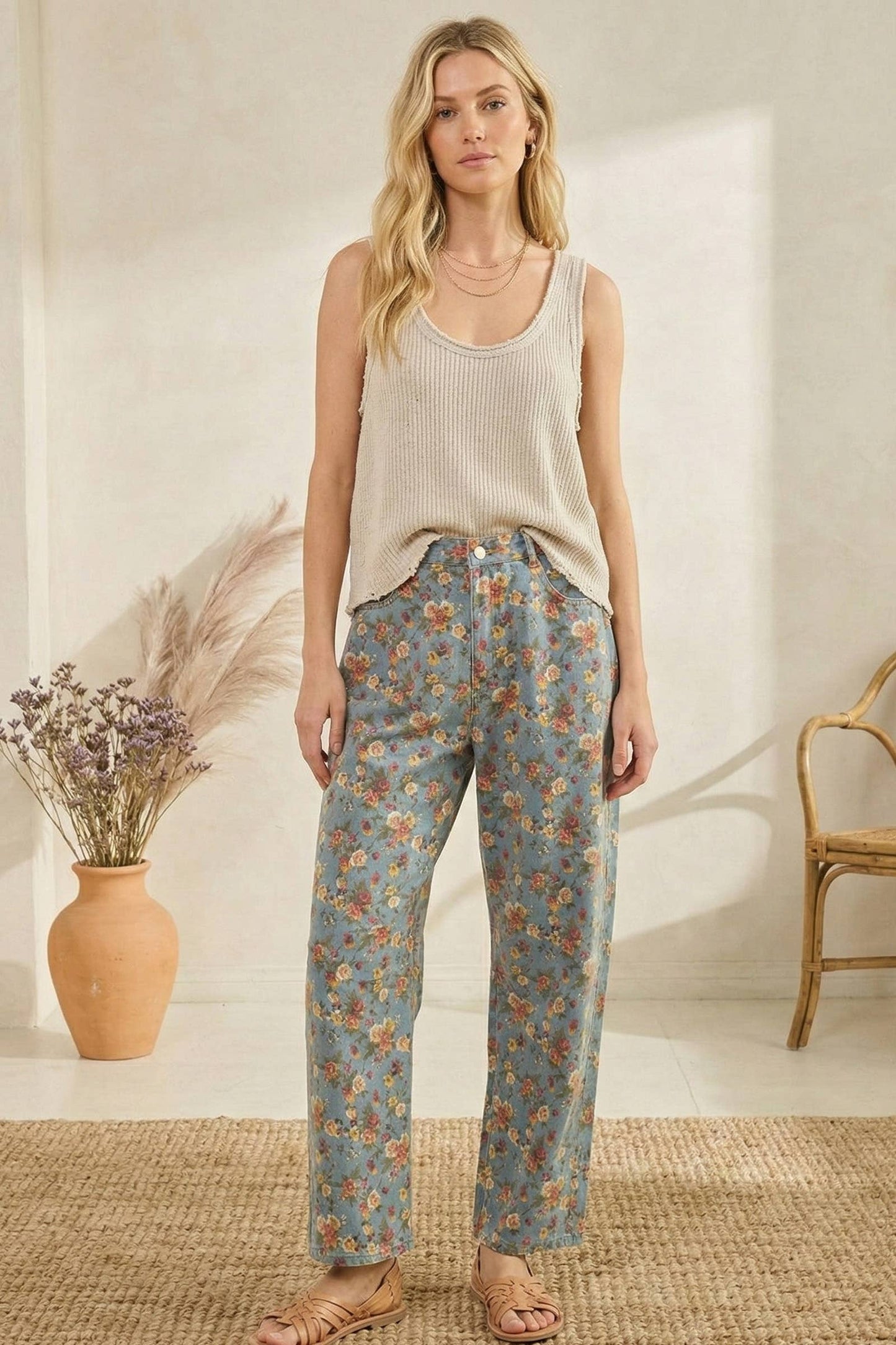 Mineral Washed Floral Denim Barrel Pants: DK DENIM