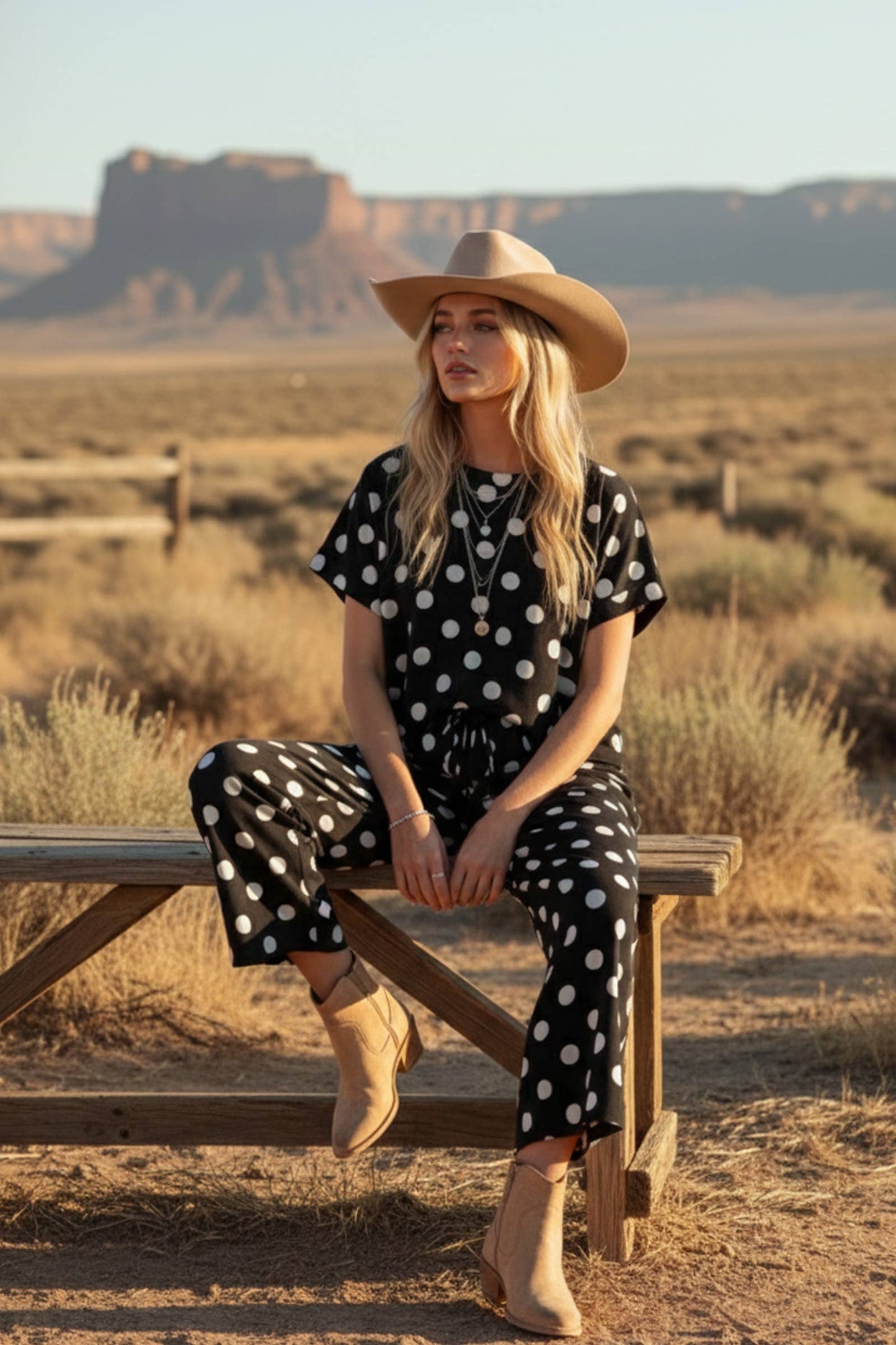 Polka Dot Top and Pants Lounge Set: WHITE/BLACK