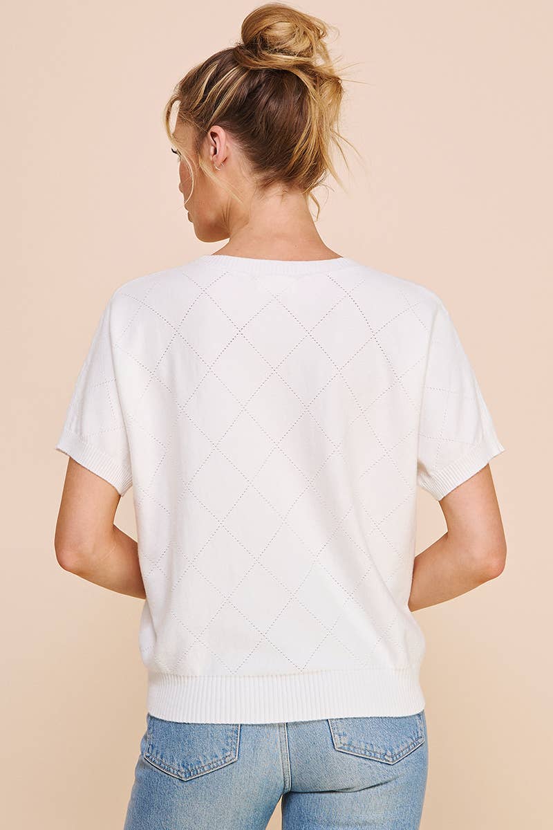 Short Sleeve Diamond Pointelle Top: Coral Rose