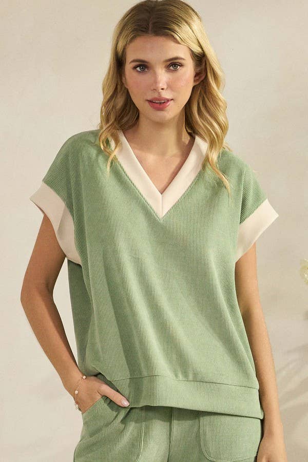 Corduroy Modal Short Sleeve Top and Pant Set: Sage