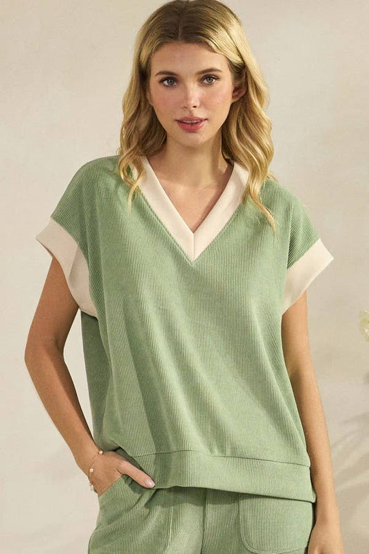Corduroy Modal Short Sleeve Top and Pant Set: Sage