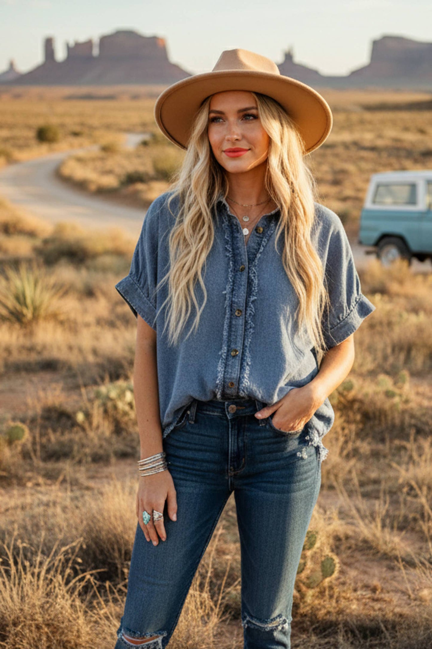 Frayed Trim Denim Button Top: DENIM