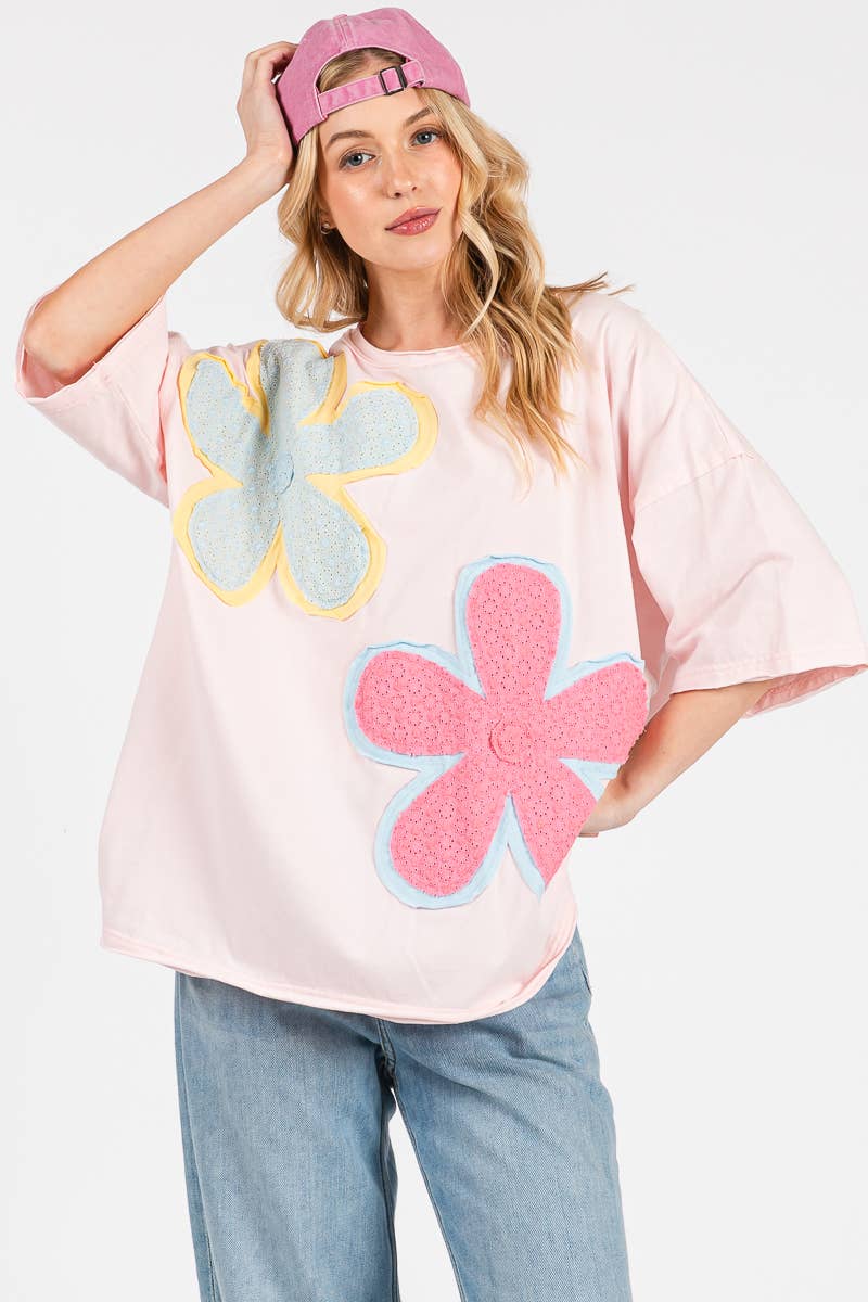 WASHED FLORAL PATCHWORK OVERSIZED TEE: DUSTY BLUE