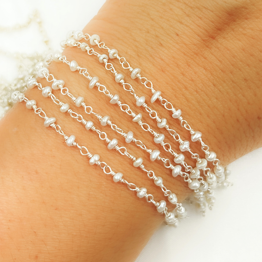 White Freshwater Pearl 925 Sterling Silver Wire Chain. PRL51: 1 Ft / Rosary / 2mm-2.5mm
