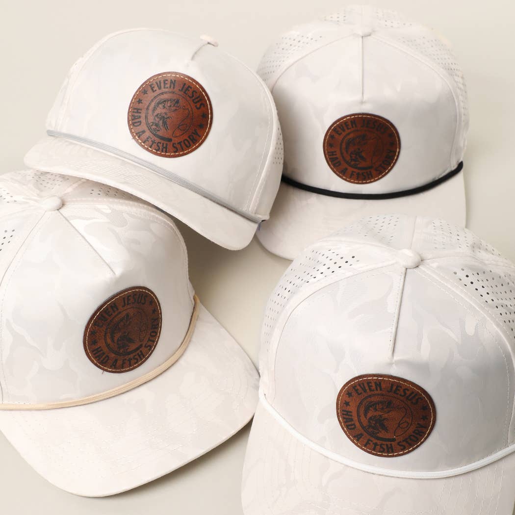 EVEN JESUS HAD A FISH STORY Leather Patch Rope Trucker Hat: WHITE