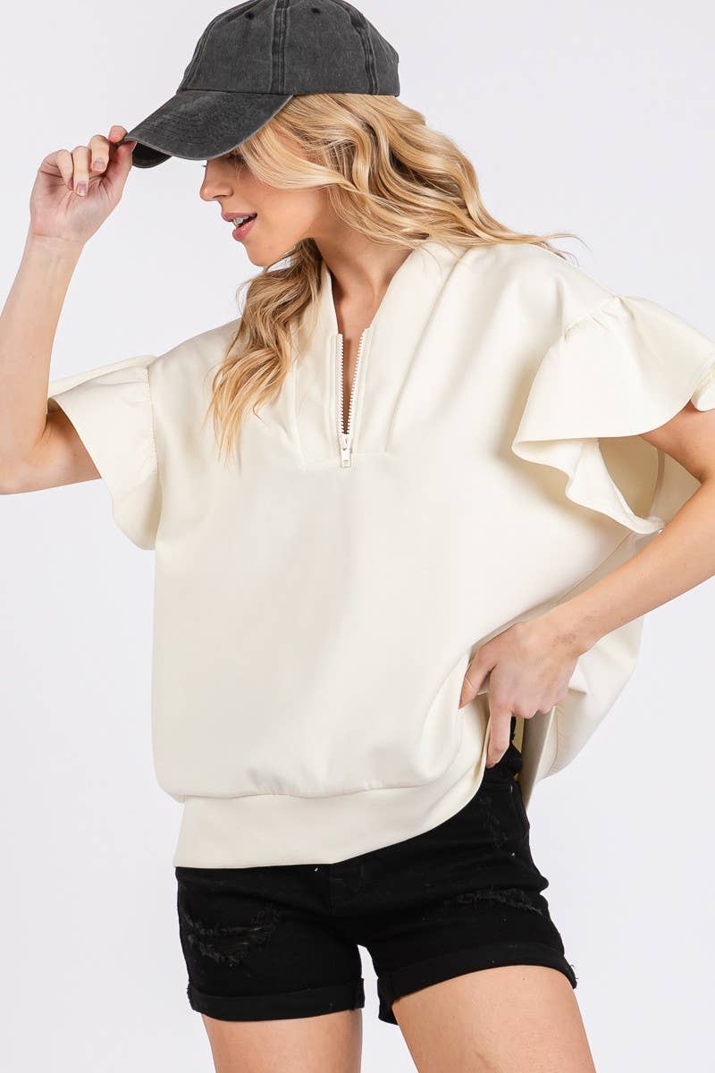 SCUBA HALF ZIP UP RUFFLE SLEEVE TOP: CREAM