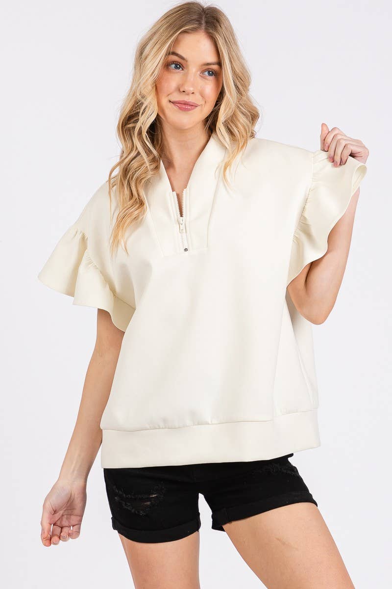 SCUBA HALF ZIP UP RUFFLE SLEEVE TOP: CREAM