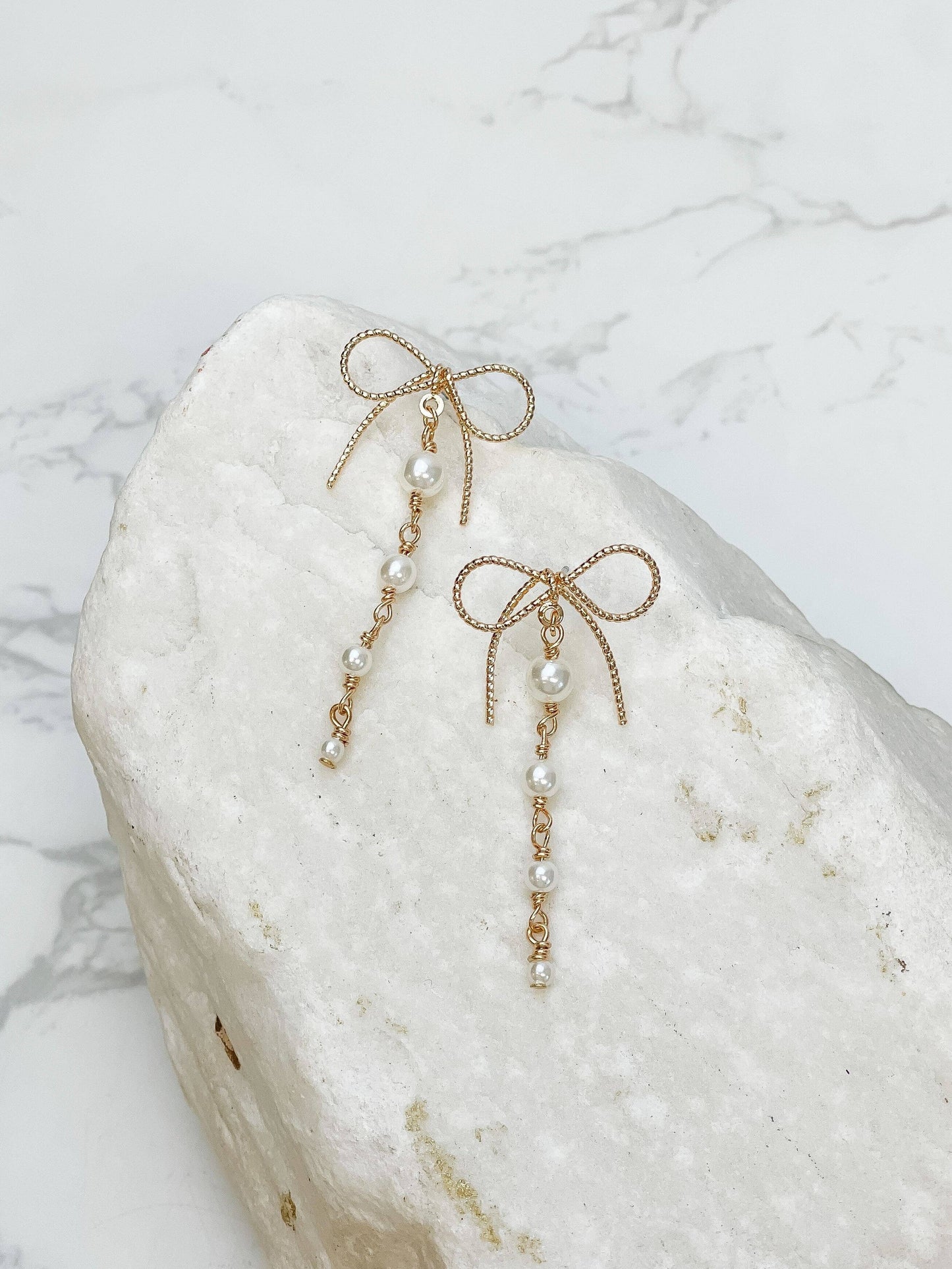Dainty Bow & Pearl Chain Dangle Earrings: Silver