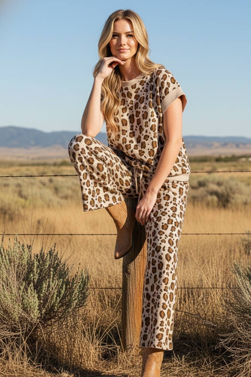 LEOPARD PRINT SCUBA TOP AND PANTS SETS: BROWN MULTI /