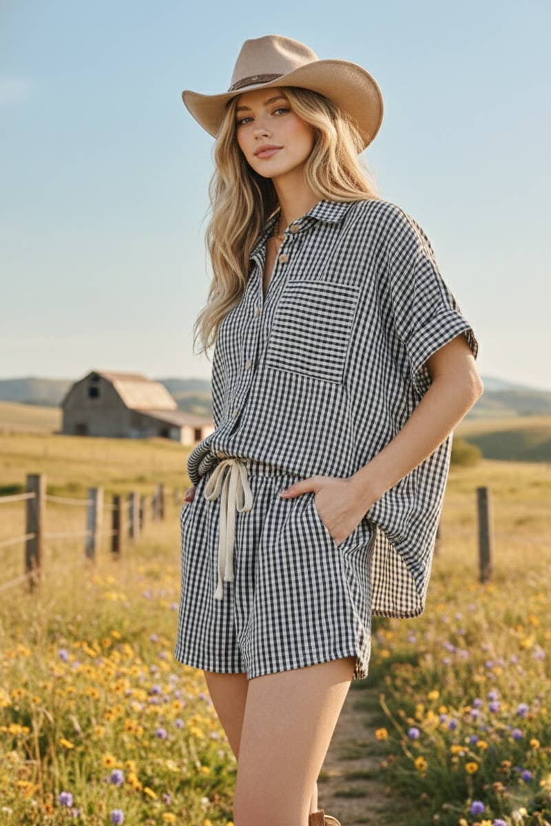 MINI CHECKER BUTTON DOWN TOP AND SHORTS SETS: NAVY