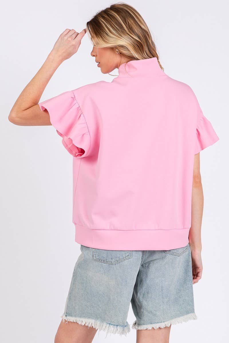 SCUBA HALF ZIP UP RUFFLE SLEEVE TOP: CREAM