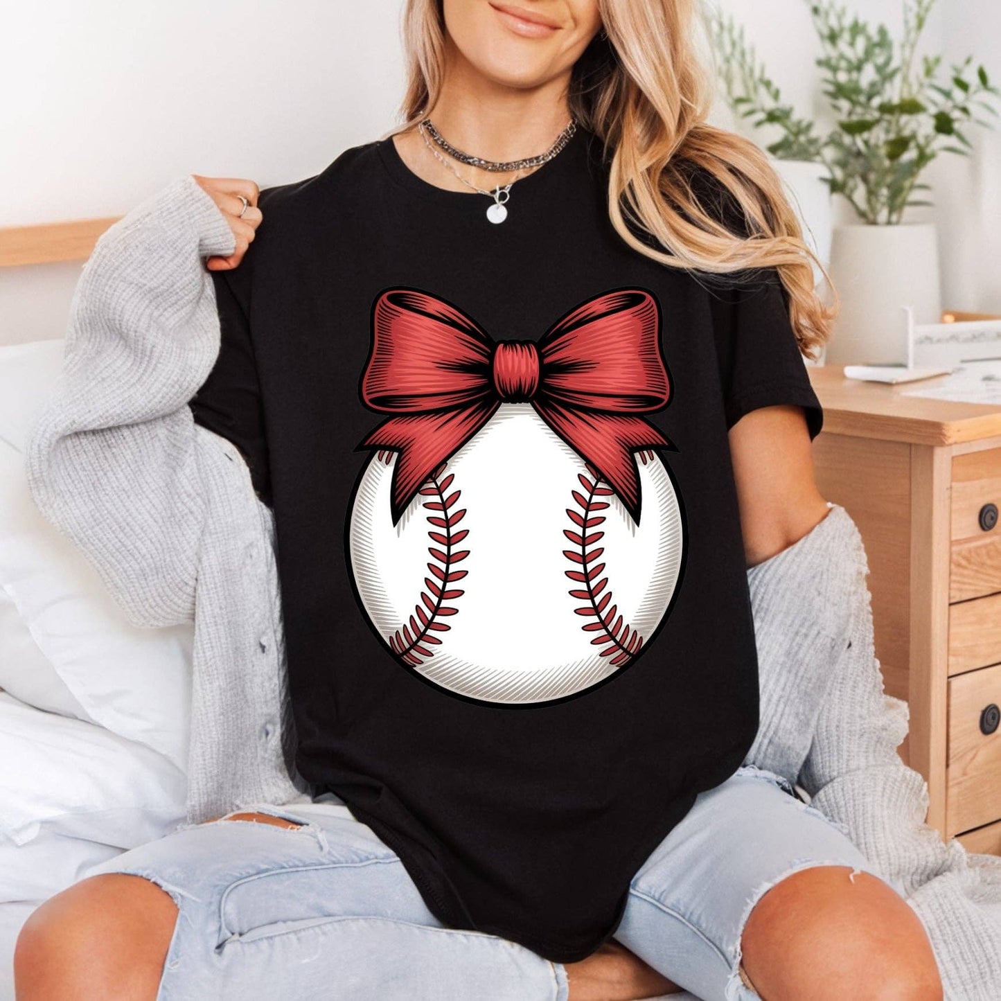Baseball with Bow | DTF Transfer Ready to Press | Cute Sports DIY Heat Transfer: Universal Color Design / 11inch