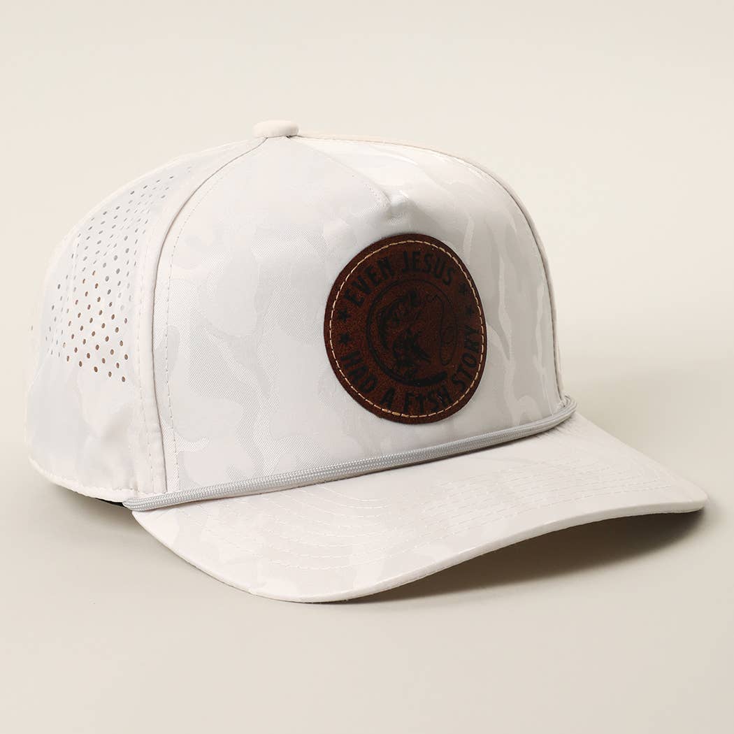 EVEN JESUS HAD A FISH STORY Leather Patch Rope Trucker Hat: WHITE