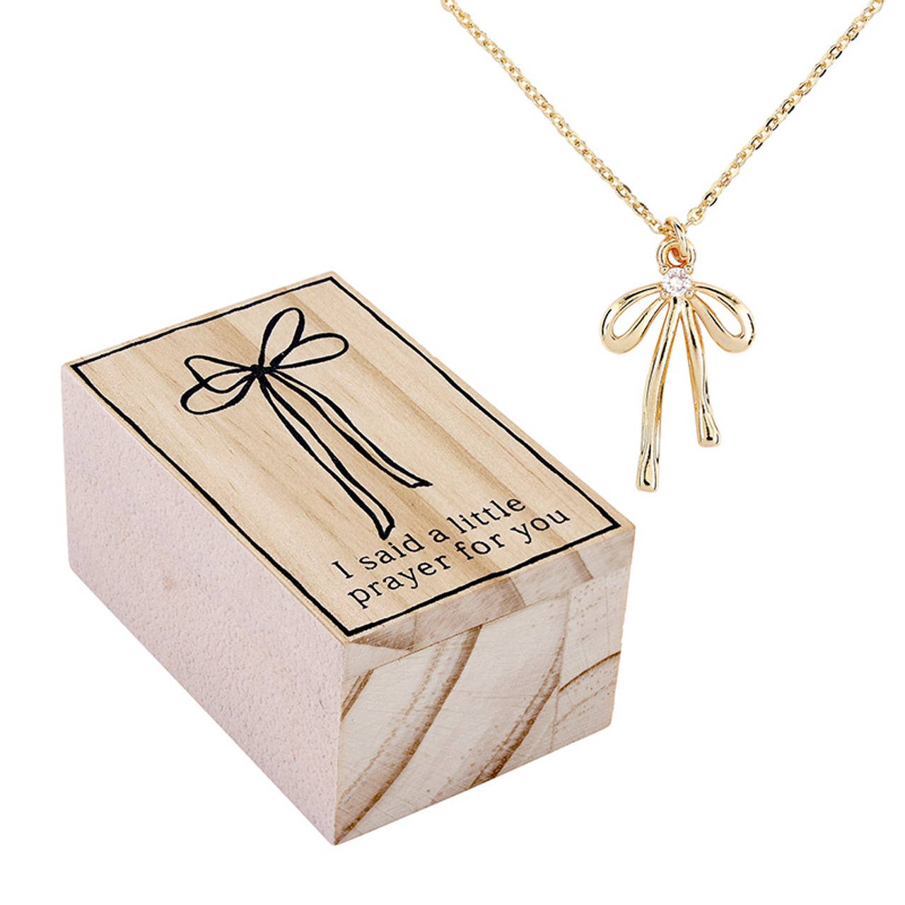 Treasure Box Bow Necklace - I Said a Little Prayer for You: Pine Wood, Zinc Alloy, Glass / Necklace: 17 L with 2 Extender, Box: 2 W x 1.25 H x3 D