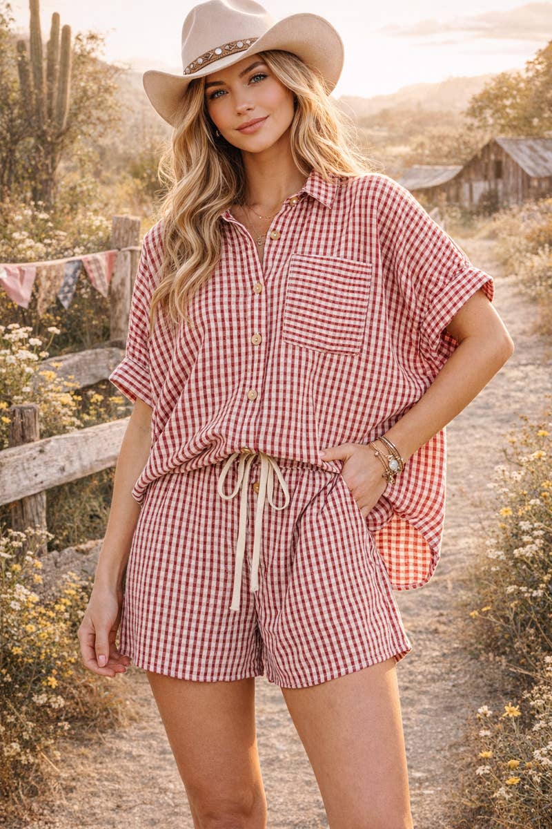 MINI CHECKER BUTTON DOWN TOP AND SHORTS SETS: NAVY