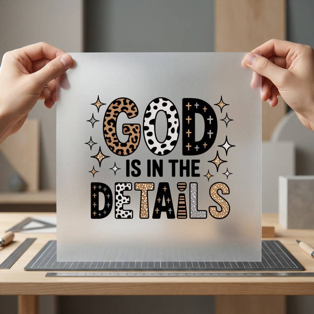 God Is In The Details | DTF Transfer Ready to Press | Trendy Faith DIY Heat Transfer: Dark Color Design / 3inch