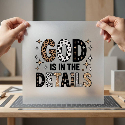 God Is In The Details | DTF Transfer Ready to Press | Trendy Faith DIY Heat Transfer: Dark Color Design / 3inch