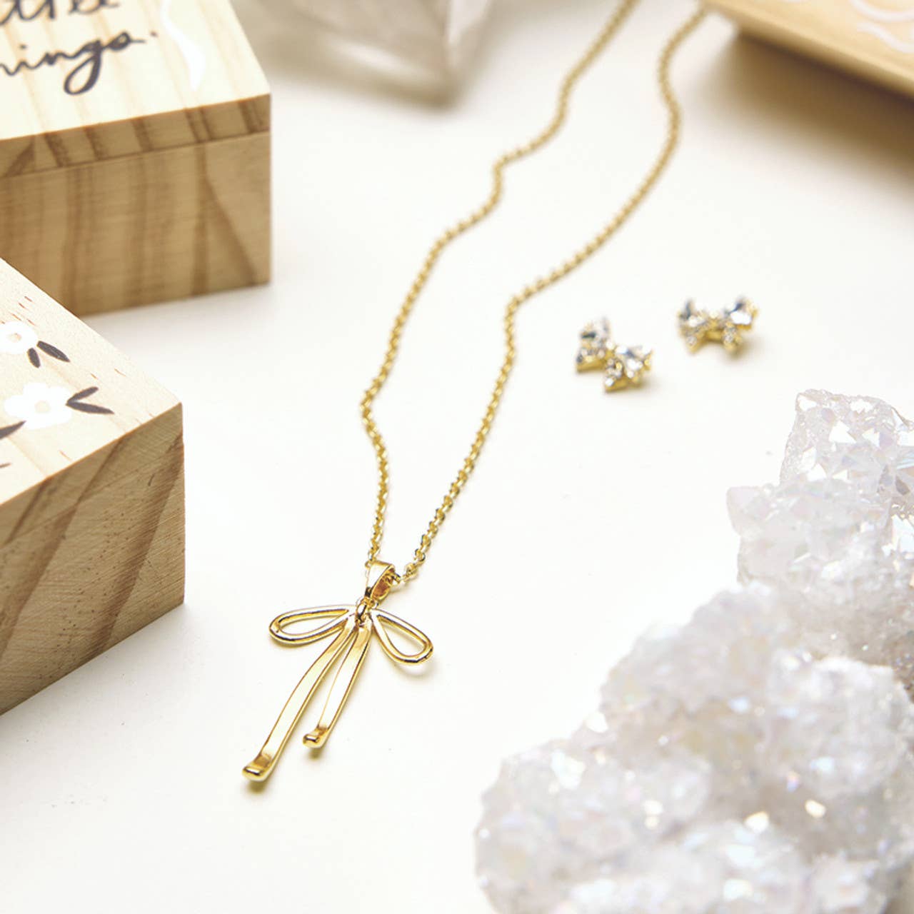 Treasure Box Bow Necklace - I Said a Little Prayer for You: Pine Wood, Zinc Alloy, Glass / Necklace: 17 L with 2 Extender, Box: 2 W x 1.25 H x3 D