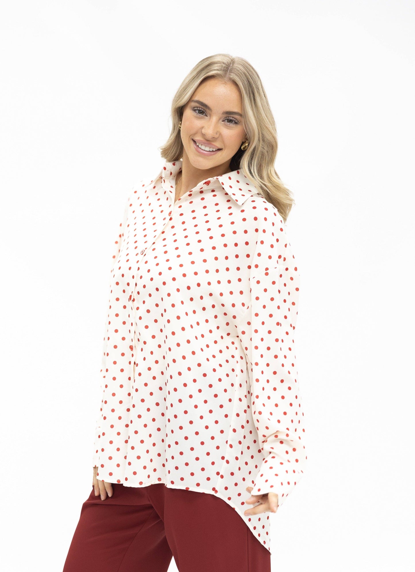 Kathryn Classic Button-Up, Red Polka-Dot: Red