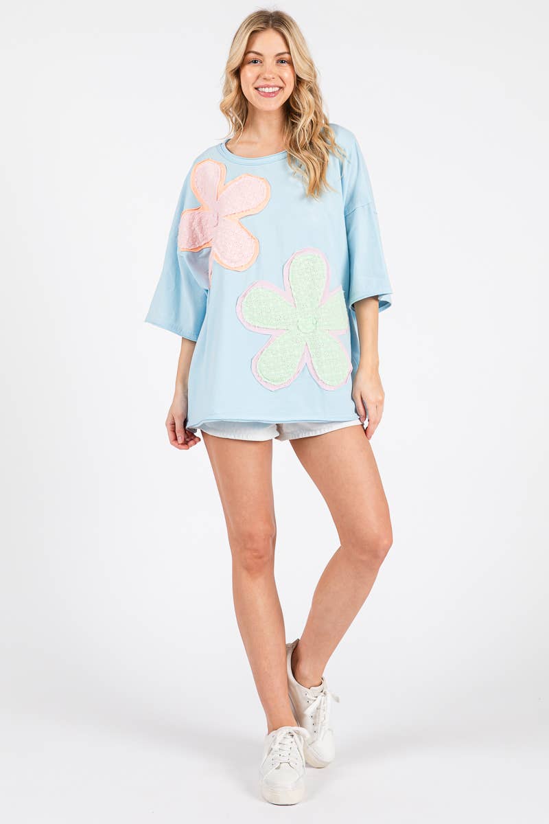 WASHED FLORAL PATCHWORK OVERSIZED TEE: DUSTY BLUE
