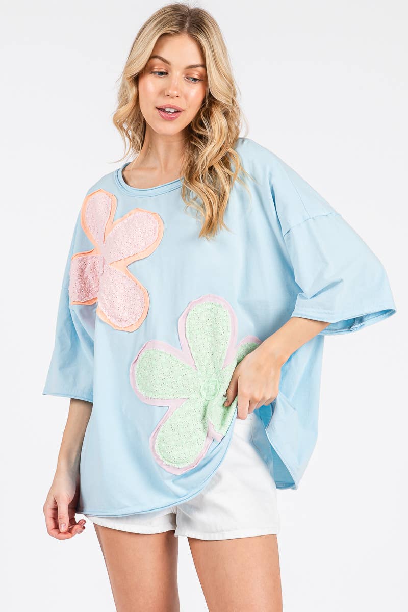 WASHED FLORAL PATCHWORK OVERSIZED TEE: DUSTY BLUE
