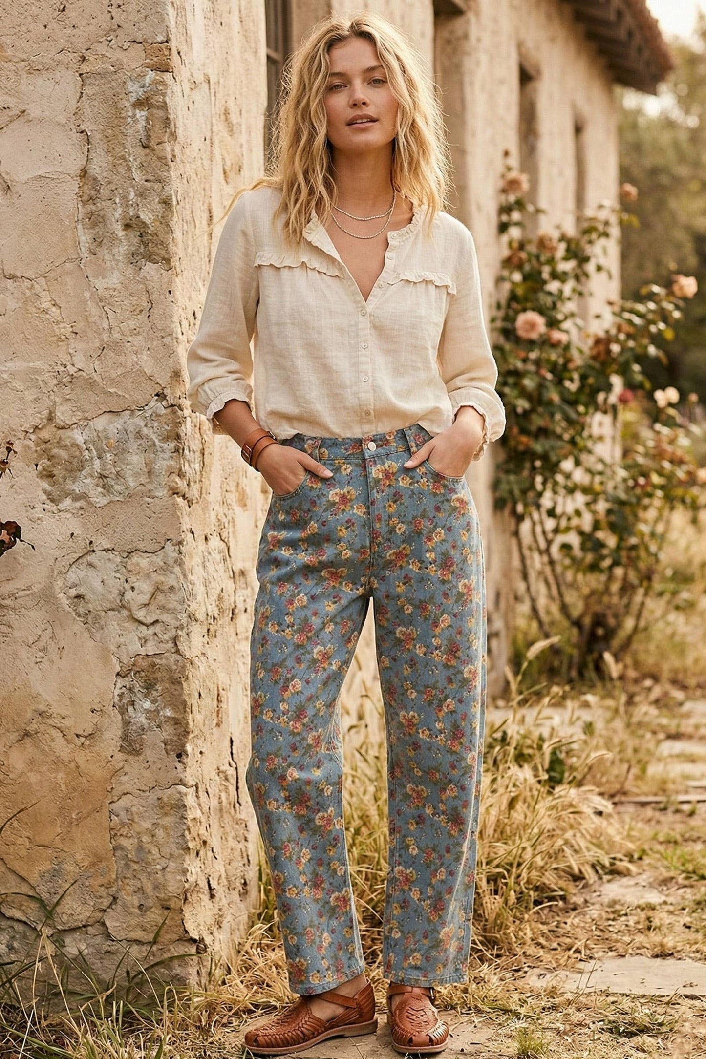 Mineral Washed Floral Denim Barrel Pants: DK DENIM