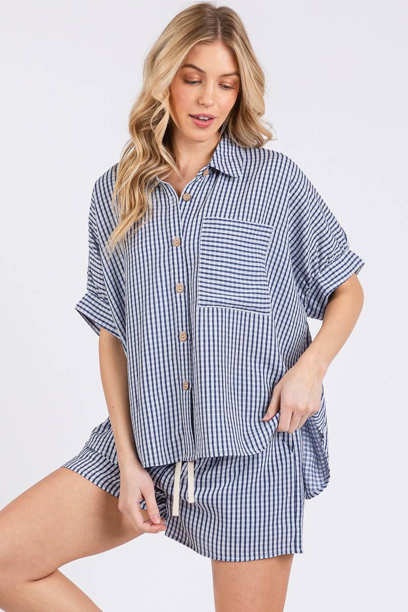 MINI CHECKER BUTTON DOWN TOP AND SHORTS SETS: NAVY