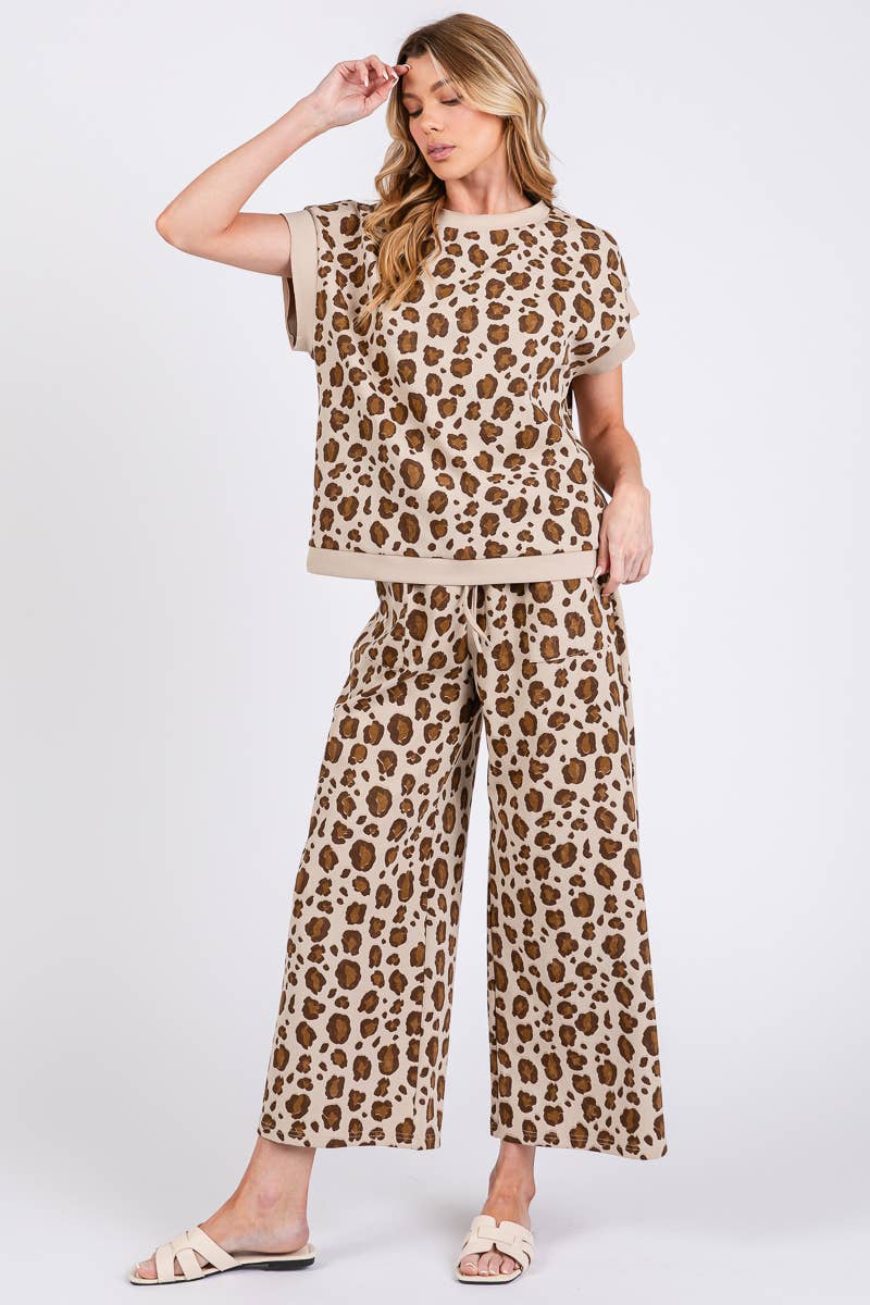 LEOPARD PRINT SCUBA TOP AND PANTS SETS: BROWN MULTI /