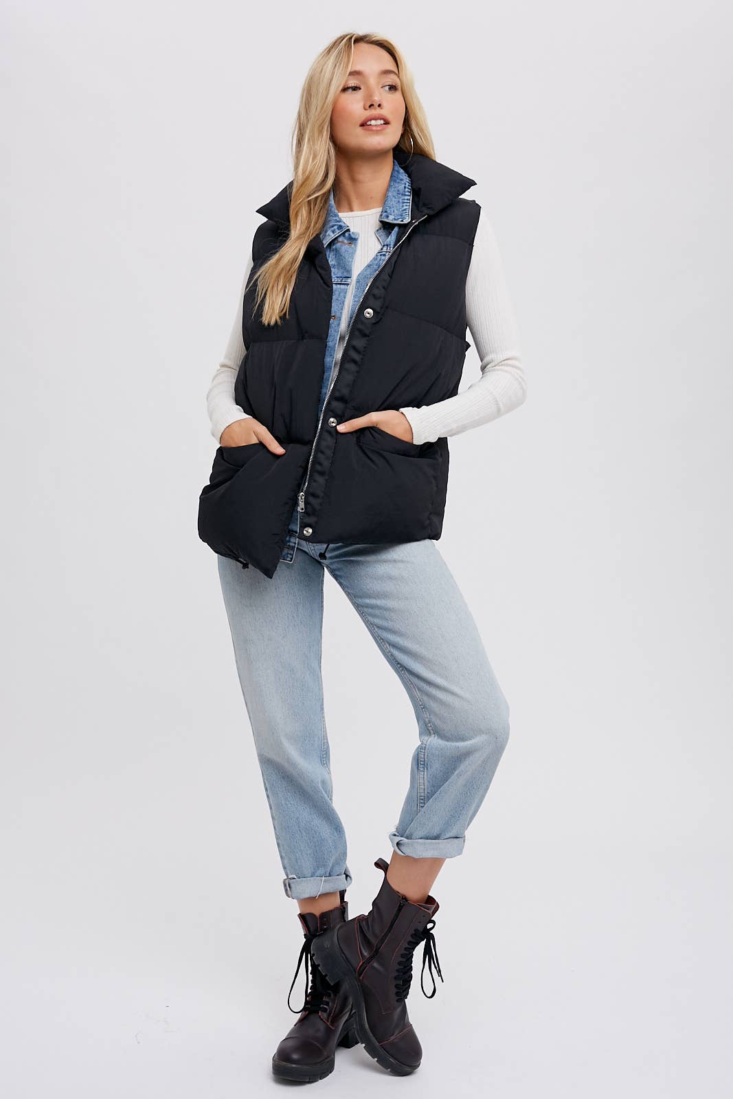 DENIM LAYERED PUFFER VEST: BLACK