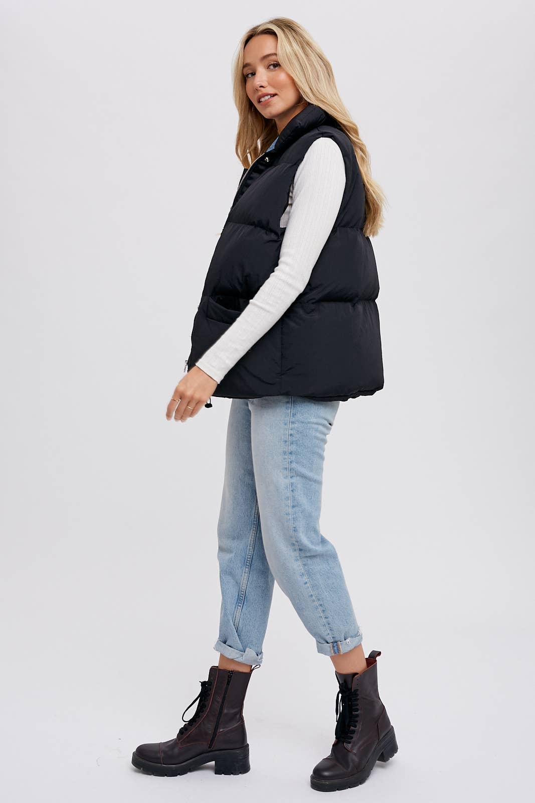 DENIM LAYERED PUFFER VEST: BLACK