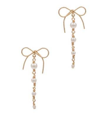 Dainty Bow & Pearl Chain Dangle Earrings: Silver