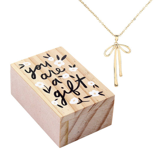 Treasure Box Bow Necklace - You are a Gift: Pine Wood, Zinc Alloy, Glass / Necklace: 17 L with 2 Extender, Box: 2 W x 1.25 H x3 D