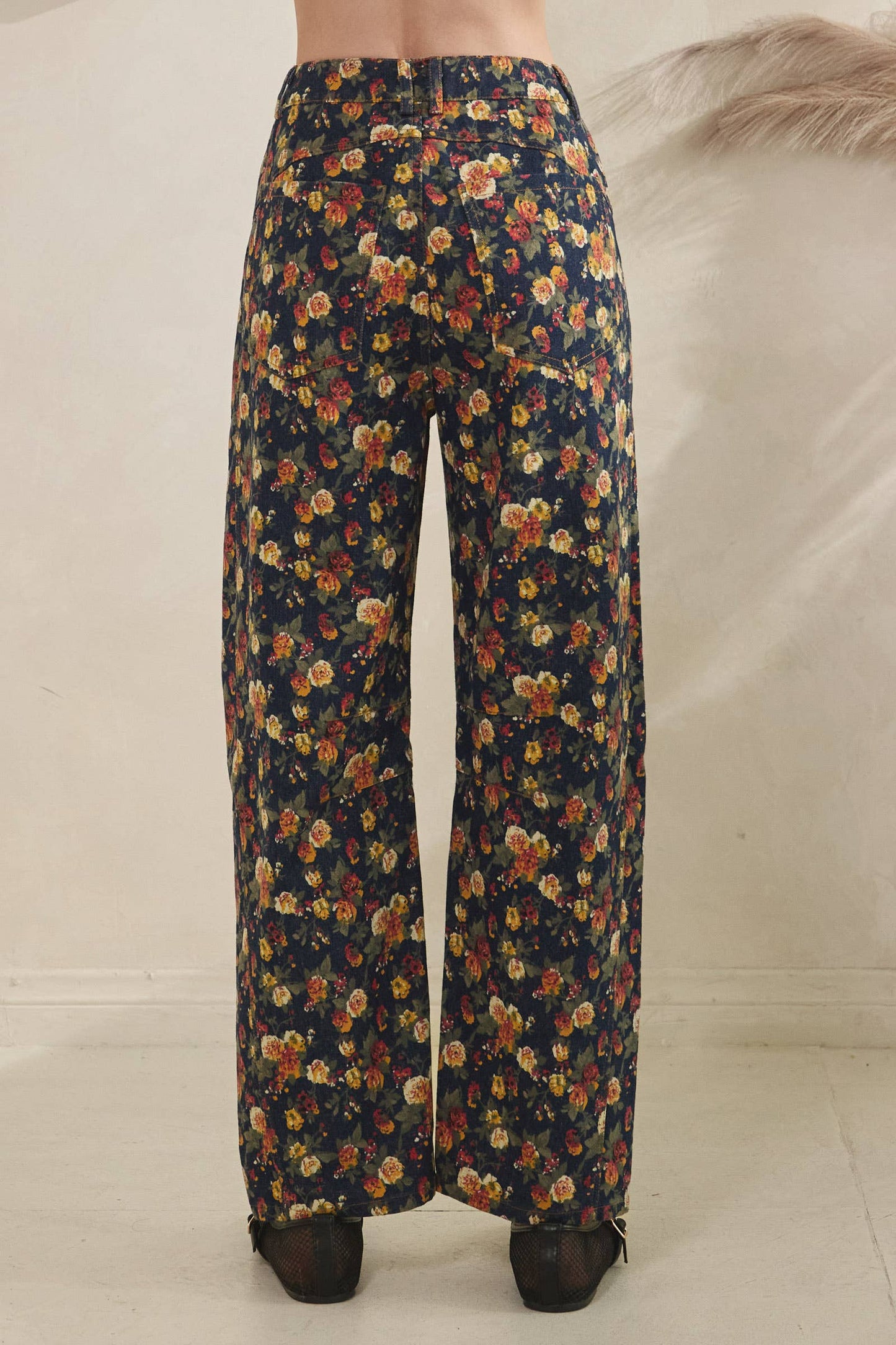 Mineral Washed Floral Denim Barrel Pants: DK DENIM