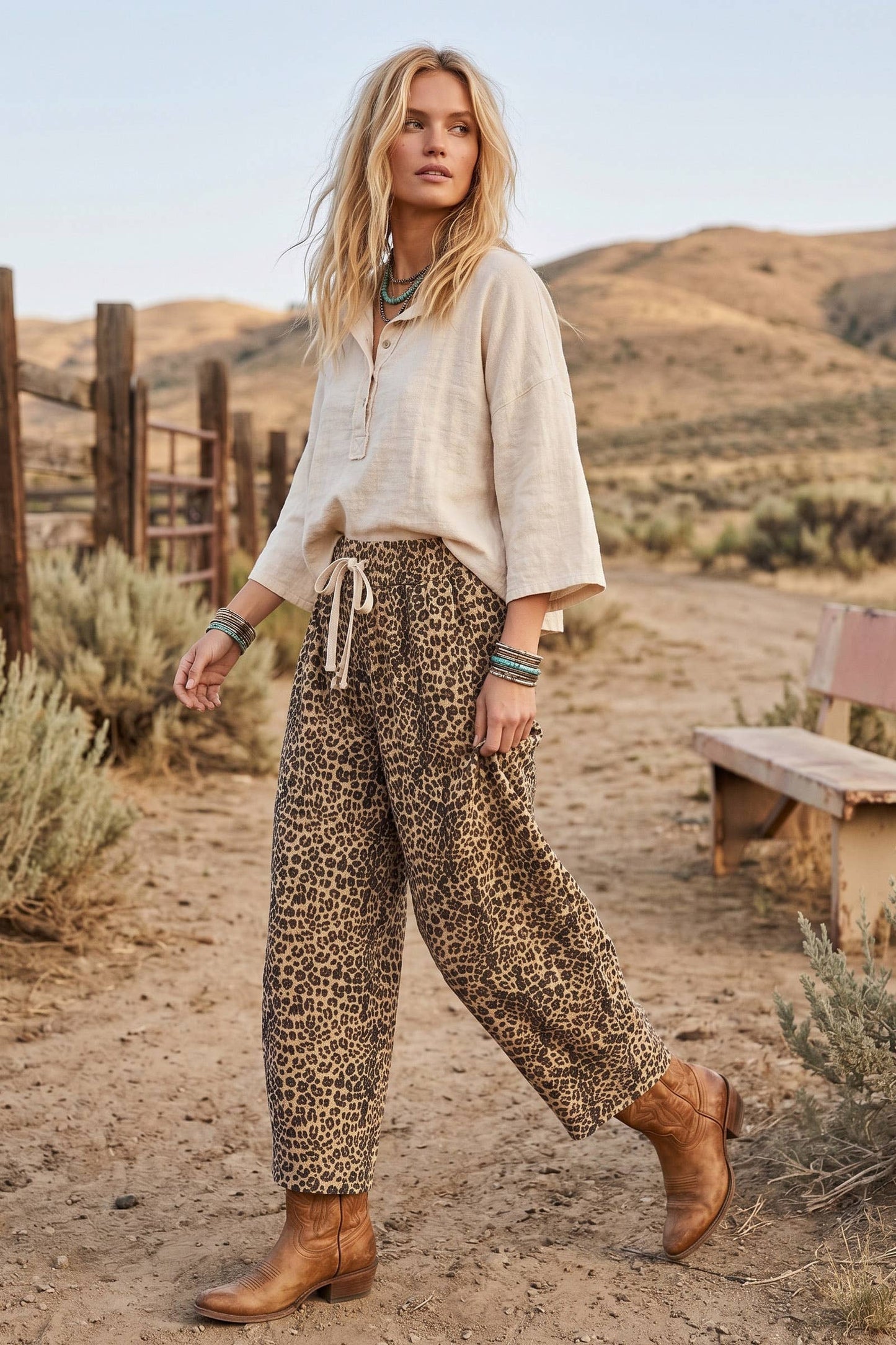 Oversized French Terry Leopard Barrel Pants: BROWN COMBO / L