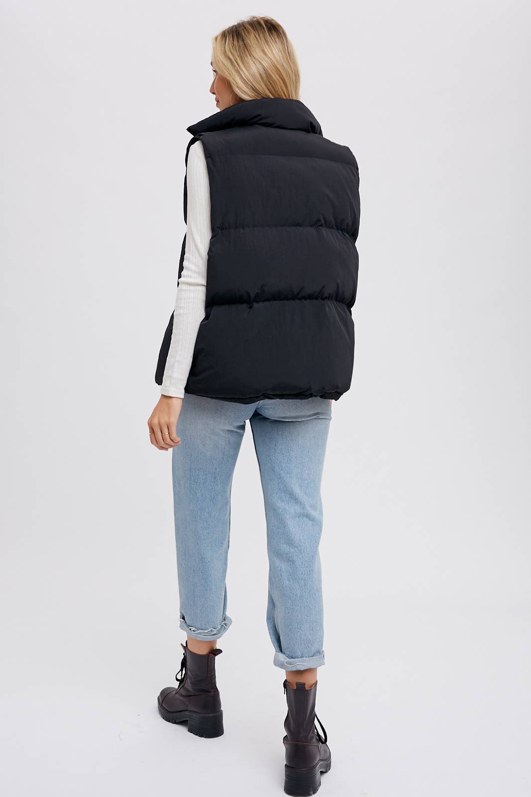 DENIM LAYERED PUFFER VEST: BLACK