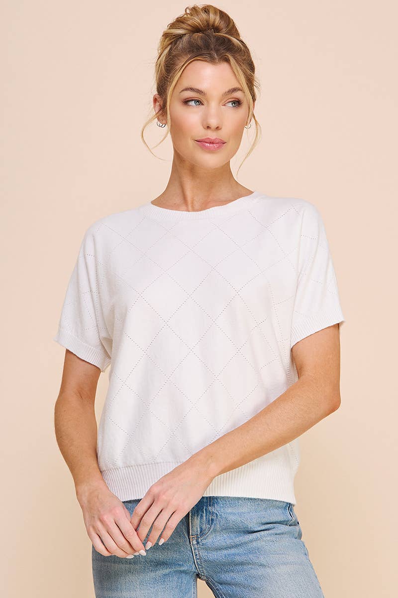 Short Sleeve Diamond Pointelle Top: Coral Rose