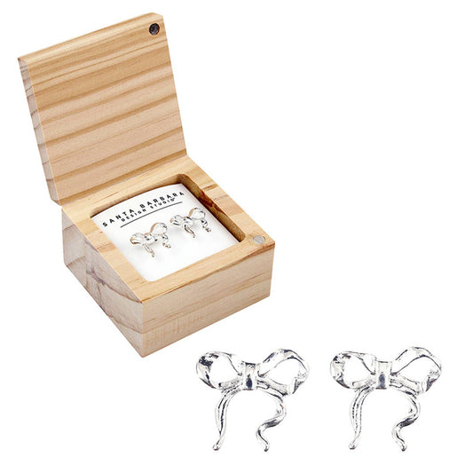 Treasure Box Bow Earring - Darling Daughter: Pine Wood, Zinc Alloy, Glass / 0.5 W x 0.5 H, Box: 2 SQ x 1.25 H