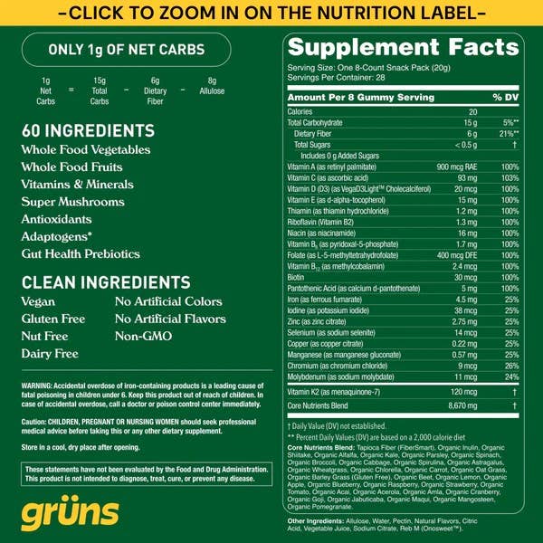 Grüns Adult Sugar Free Superfood Greens Gummies, 30 Servings