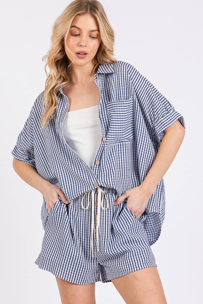 MINI CHECKER BUTTON DOWN TOP AND SHORTS SETS: NAVY