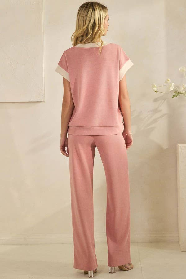 Corduroy Modal Short Sleeve Top and Pant Set: Dusty Rose