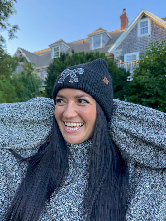 Rhinestone Ribbon Bow Embellishment C.C Beanie HTE0150: Lt. Grey
